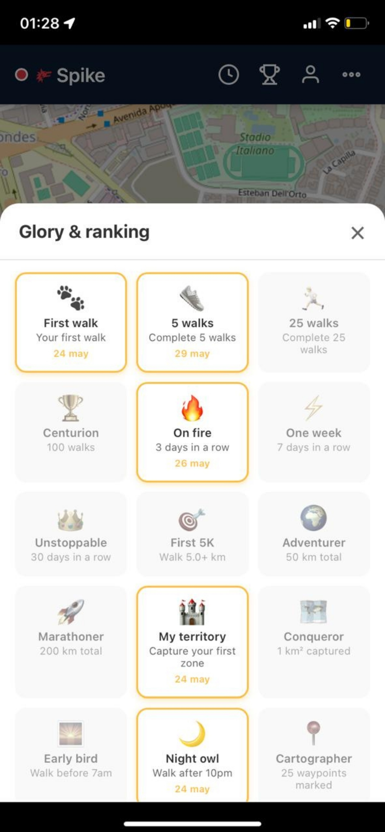 Achievements screen showing first walk and my territory