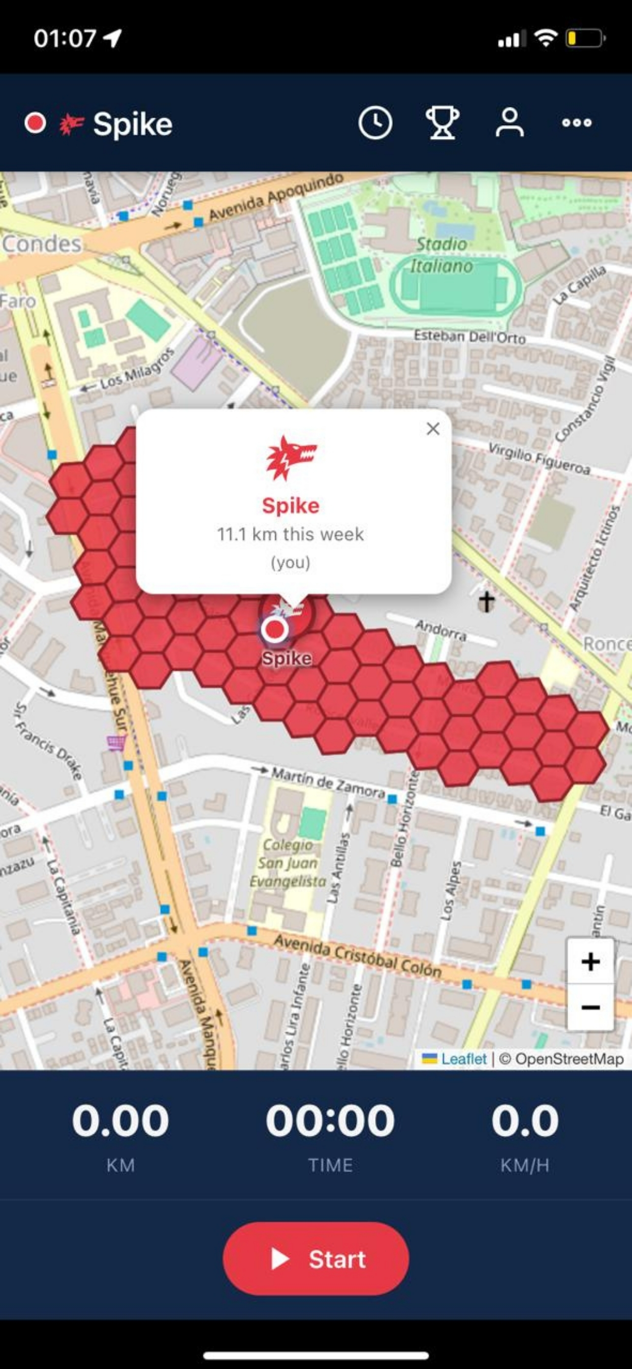 Pawmark map screenshot with conquered hexagons over Las Condes