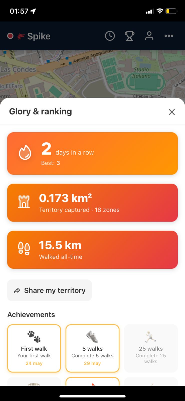 Glory and ranking screen showing streak, territory captured, and all-time distance